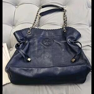 Tory Burch Navy Blue X Large Pebbled Leather Double Cha8n Strap Tote Bag Purse